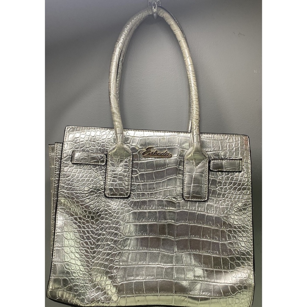 ESBEDA Silver‎ patent Faux croc Elegant Handbag Luxury versatile tote 10x11.5x4"